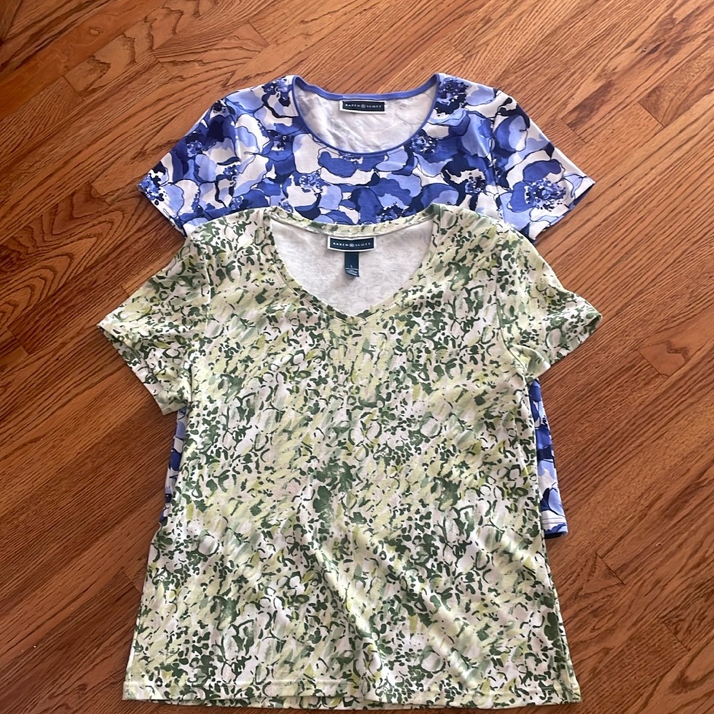 Two short sleeved tee shirts by Karen Scott: one green and one blue